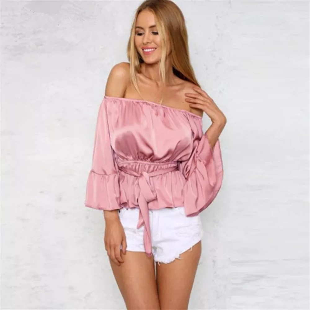 Off Shoulder Mauve Satin Tie Waist Blouse - Picture 2 of 6